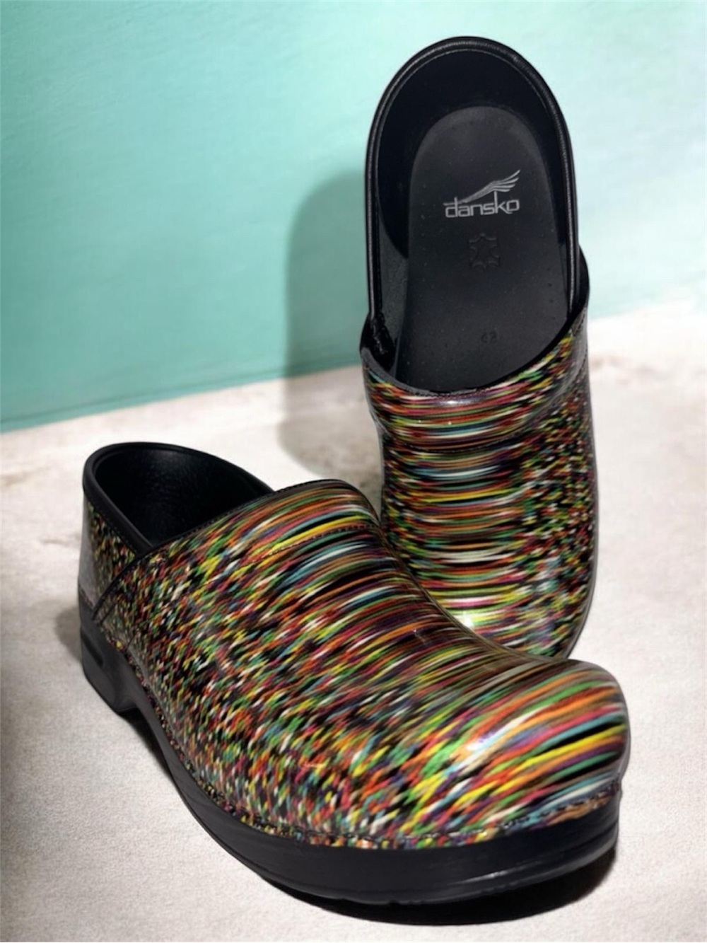 Dansko Rainbow Striped Patent Clogs size 11 NWOT